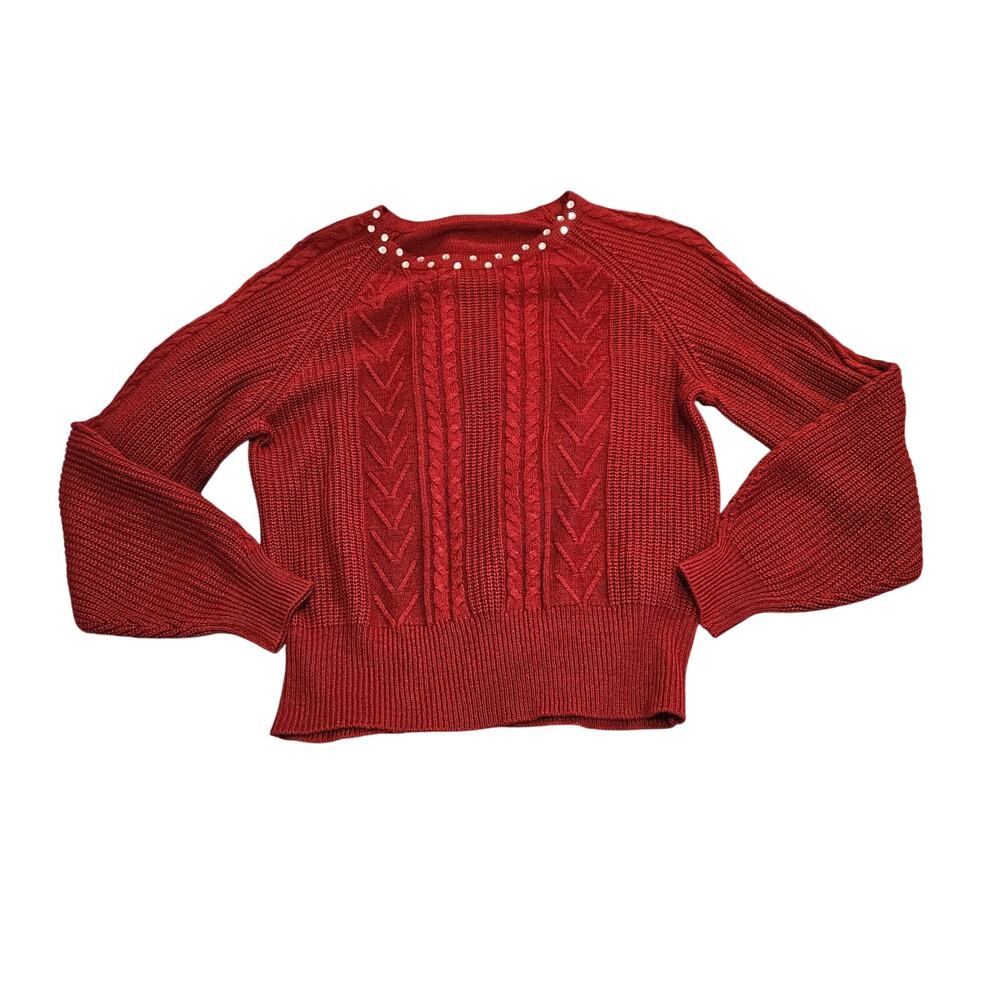 Women's Red Cable Knit Sweater Rhinestone Embellished Neck Size Large